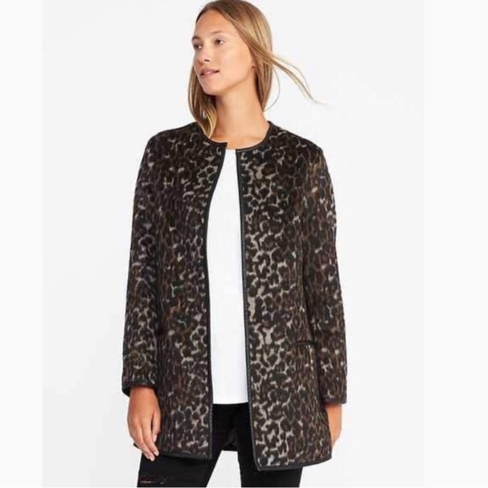 Leopard Print Faux Leather Trim Jacket